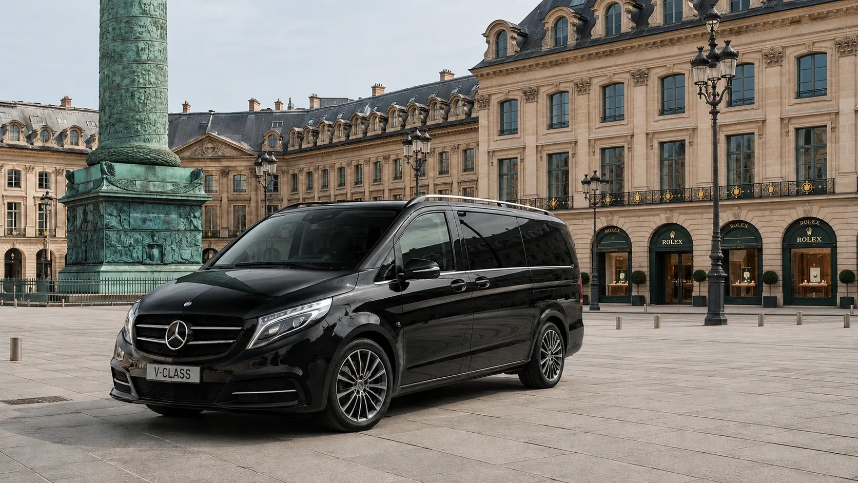 Chauffeur on standby beside a luxury sedan in Paris