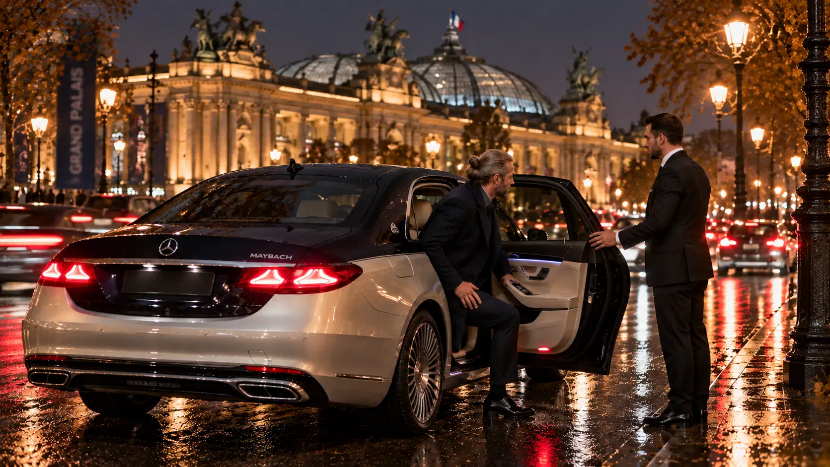 Chauffeur opening the door of a Maybach outside the Grand Palais at night