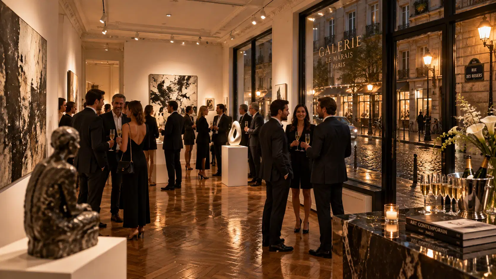 Collectors at an evening gallery opening in the Marais