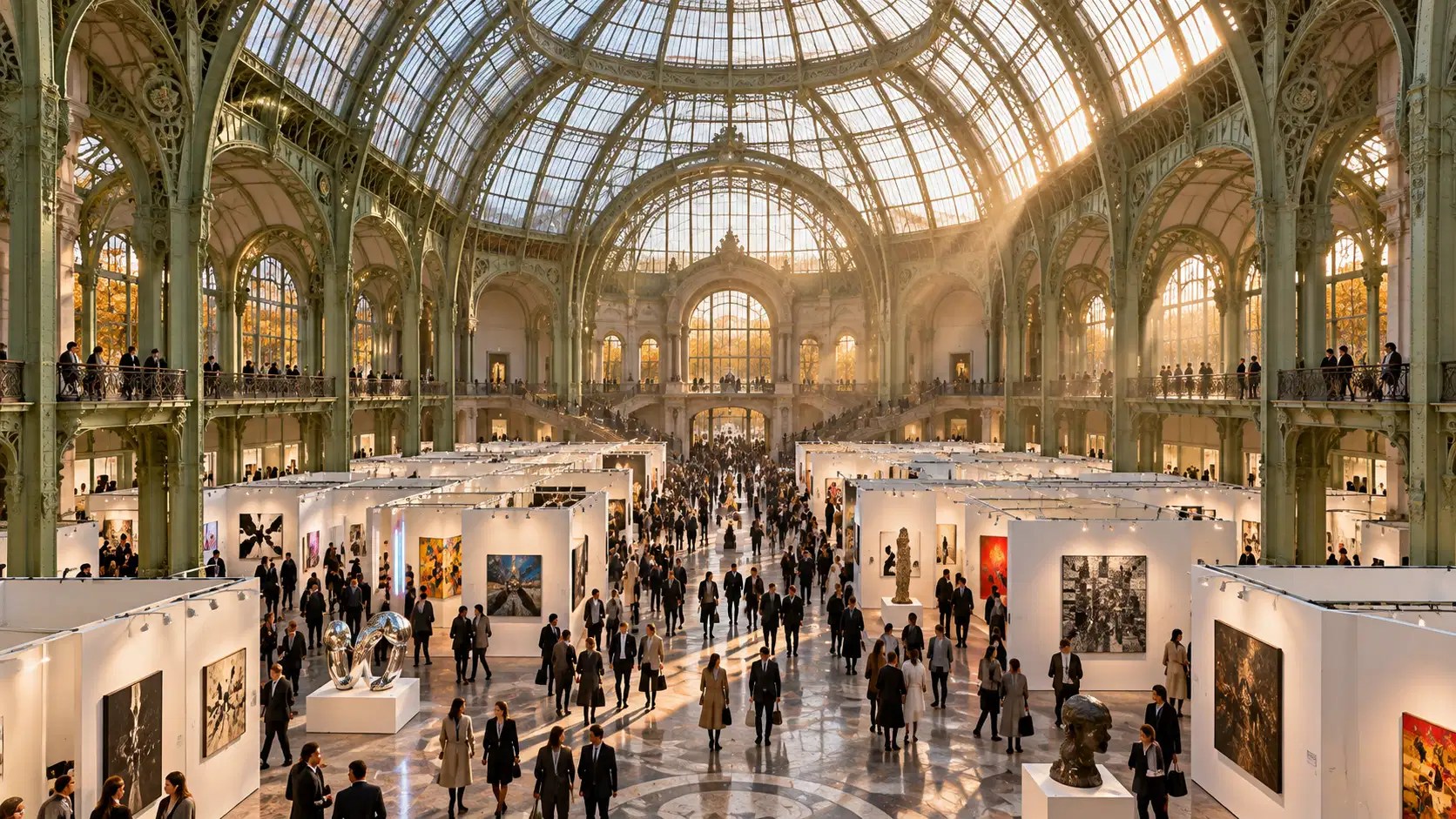 Art Basel booths under the glass nave of the Grand Palais