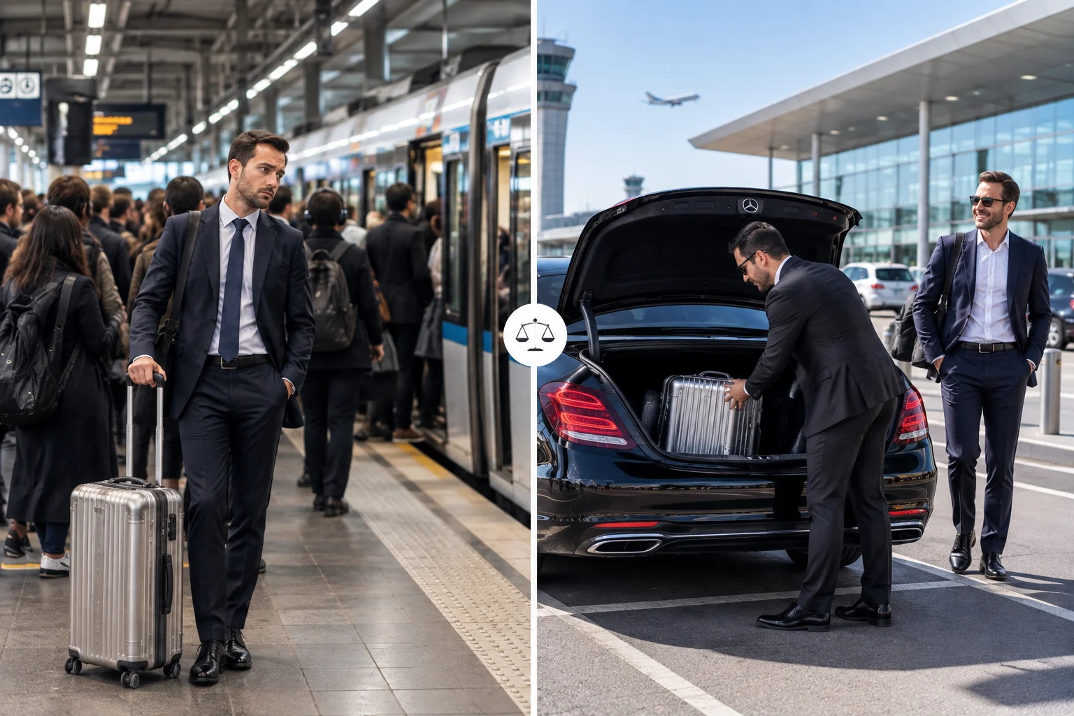 A crowded RER platform beside a chauffeur loading luggage into a private car