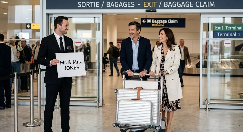 A chauffeur holding a name board as travellers come through arrivals at Charles de Gaulle