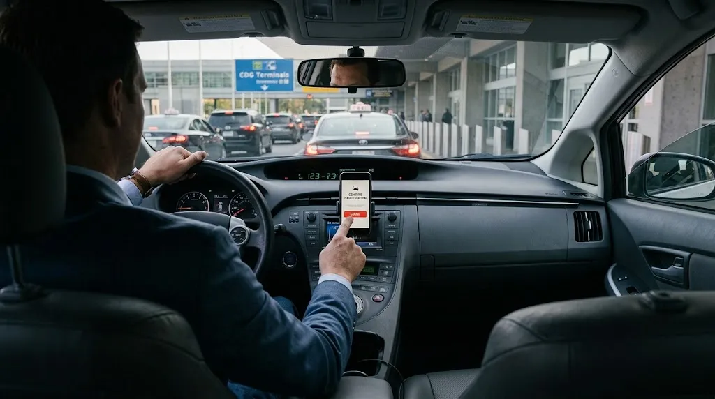 A ride-hailing driver checking his phone in traffic outside the CDG terminals