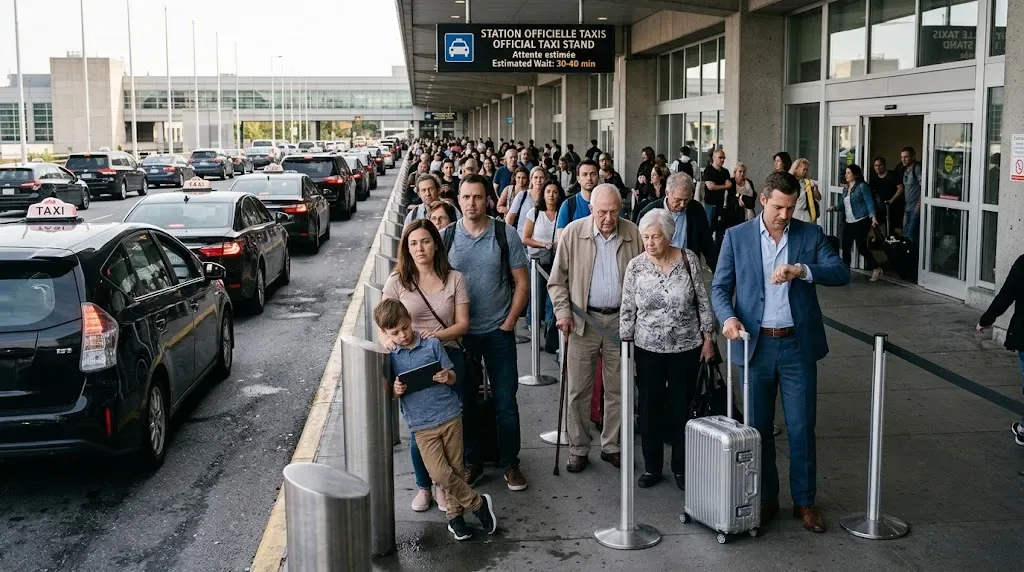 A long queue at the official taxi rank outside a Charles de Gaulle terminal