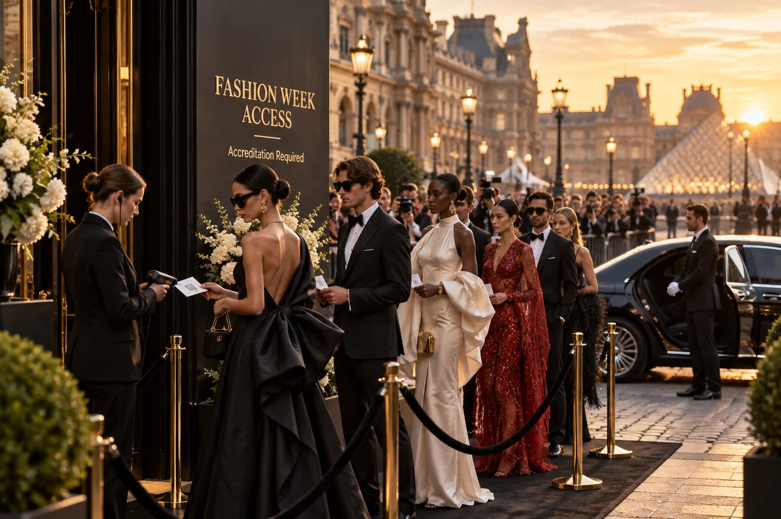 Guests presenting their accreditation at the entrance to a Paris Fashion Week show