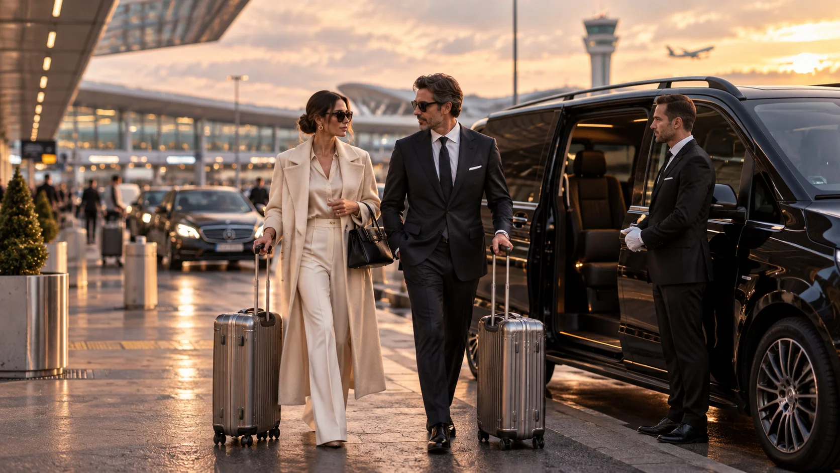 Travellers met by a chauffeur beside a Mercedes V-Class outside a Paris airport terminal