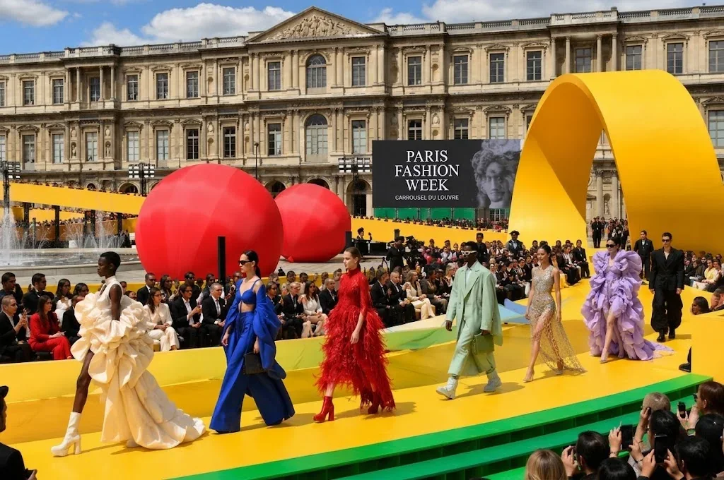 A runway installed in the courtyard of the Louvre for a Paris Fashion Week show