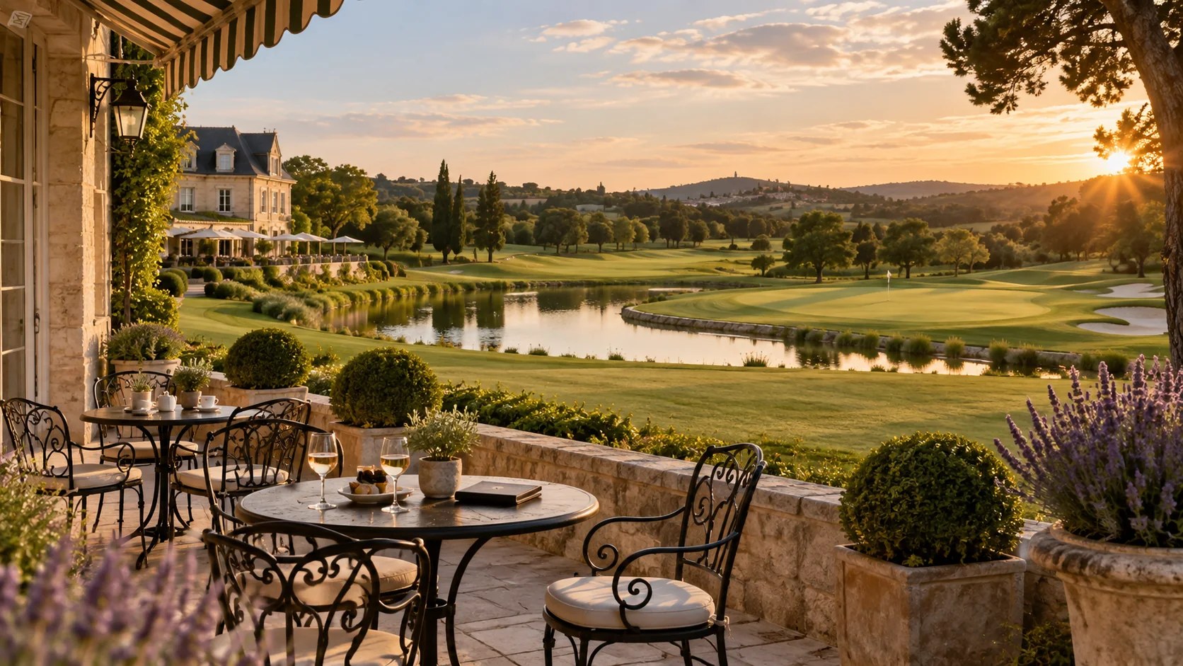 La terrasse d’un club-house donnant sur le green du dix-huit