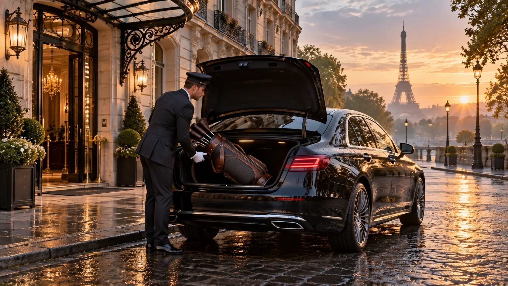 Un chauffeur chargeant des sacs de golf dans le coffre d’une Mercedes noire à l’aube