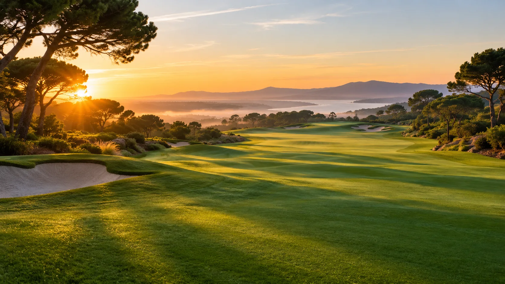 A fairway lined with pines on a private golf course near Paris