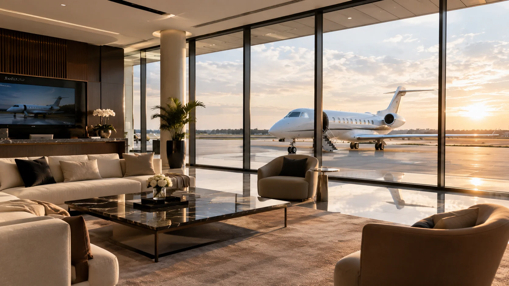 The quiet lounge of a private aviation terminal
