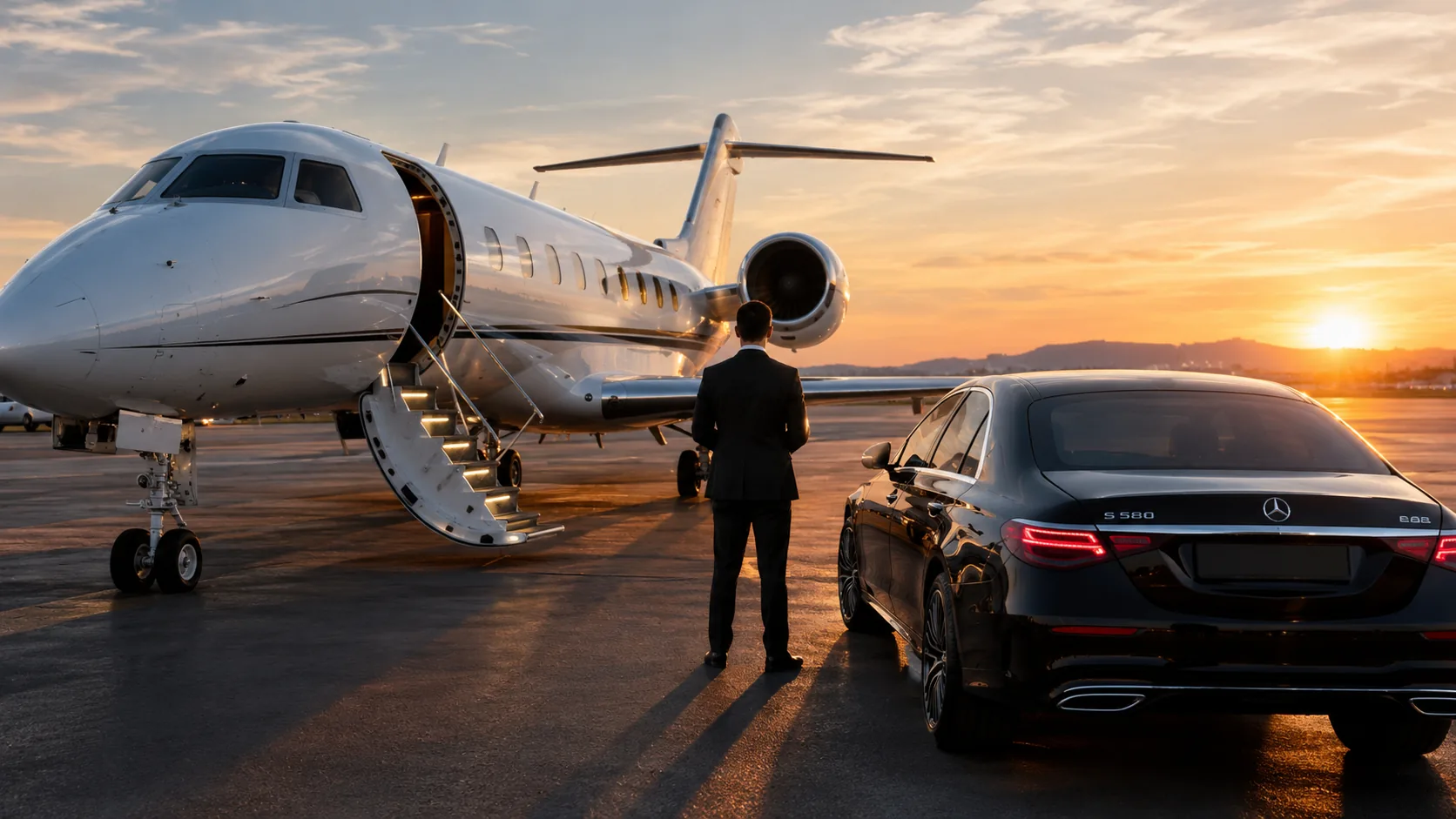 A private jet on the apron at Paris Le Bourget with a chauffeur-driven car beside it