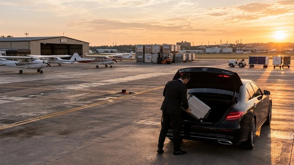 A chauffeur loading a suitcase into a black car on the apron at sunset