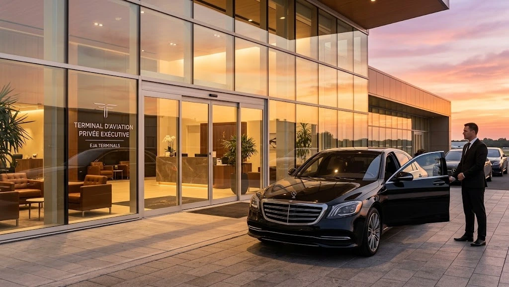 A chauffeur waiting at the entrance of a private aviation terminal