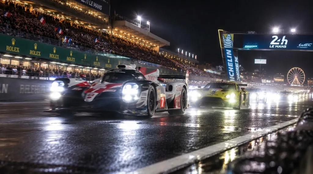 Spectators filling the main grandstand opposite the pits at Le Mans