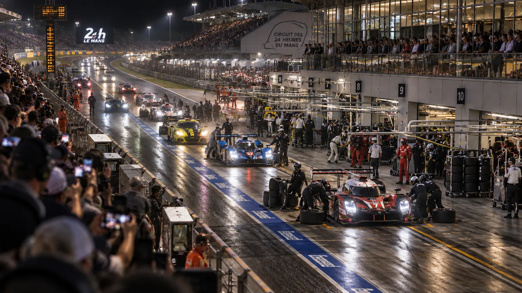 Racing cars passing the grandstands at the Circuit de la Sarthe
