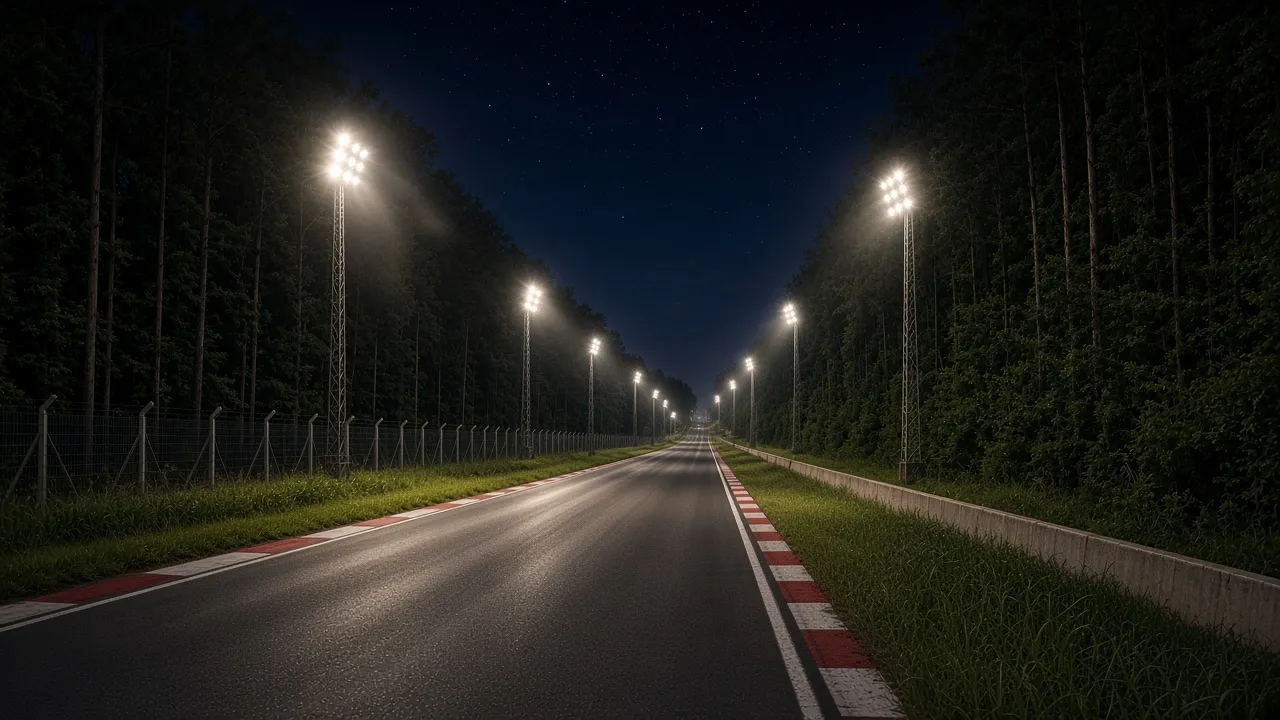 The long Mulsanne straight of the Circuit de la Sarthe seen from the roadside
