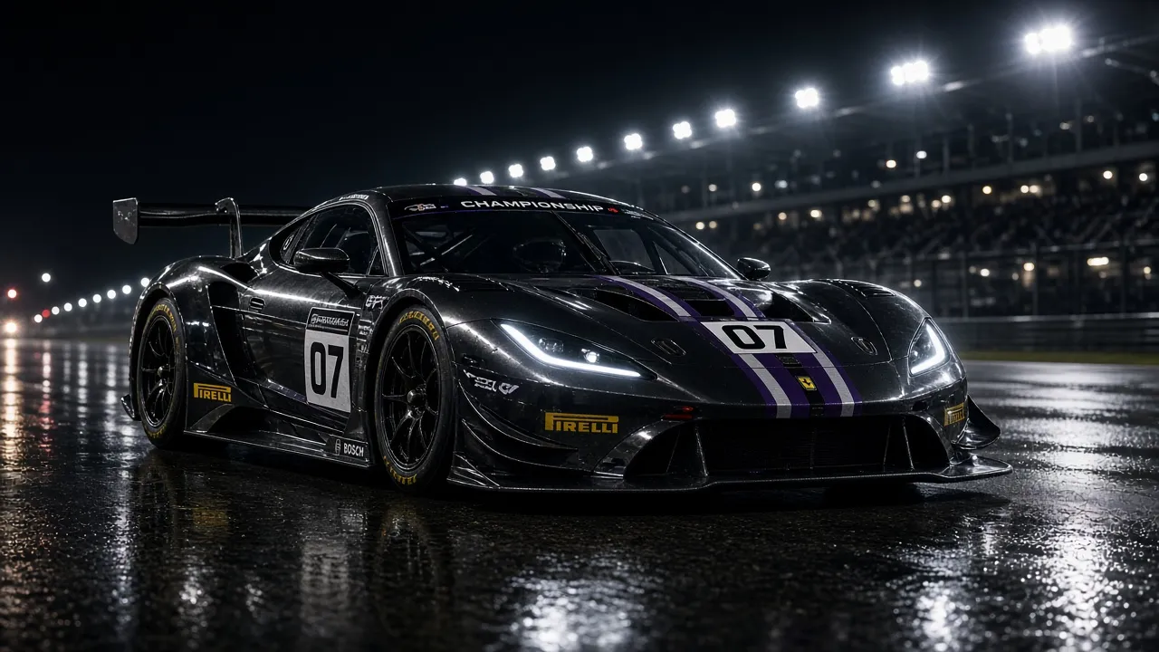 A prototype racing car under floodlights at night during the Le Mans 24 Hours