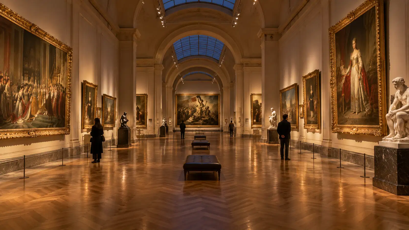 A near-empty painting gallery in the Louvre during an evening opening