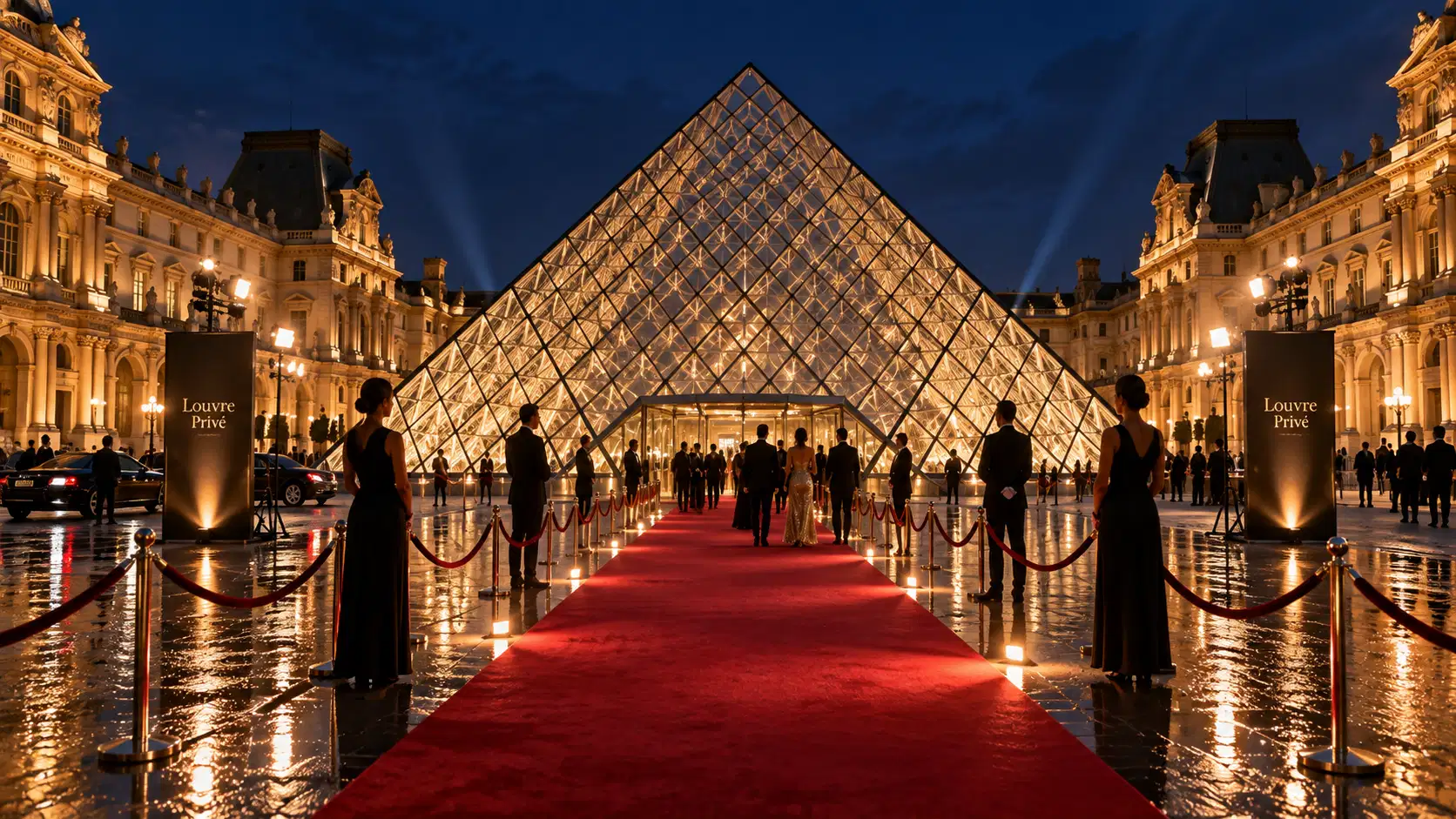 A red carpet leading to the Louvre pyramid during a private evening event
