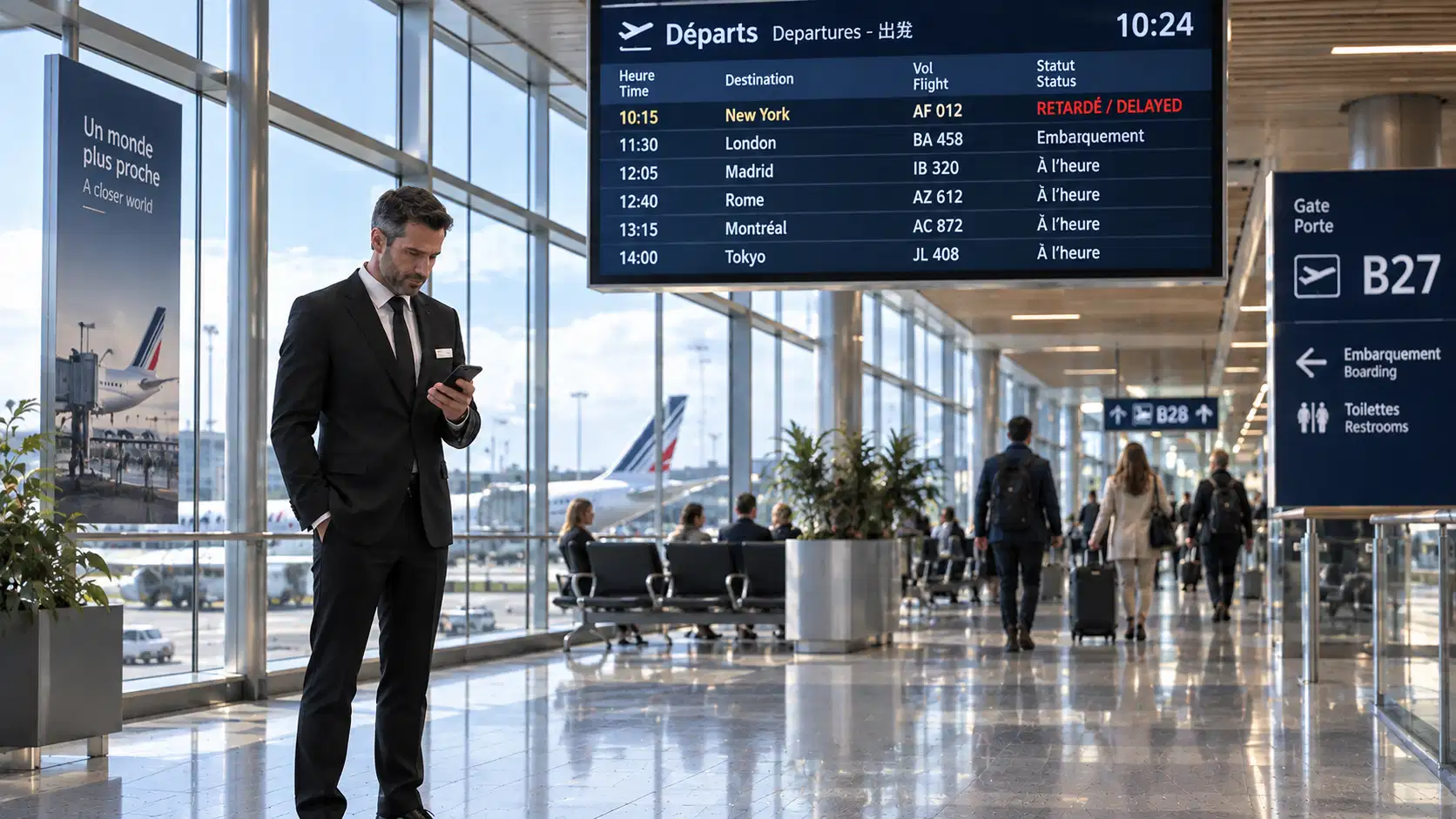 Chauffeur checking a flight status beside the departures board