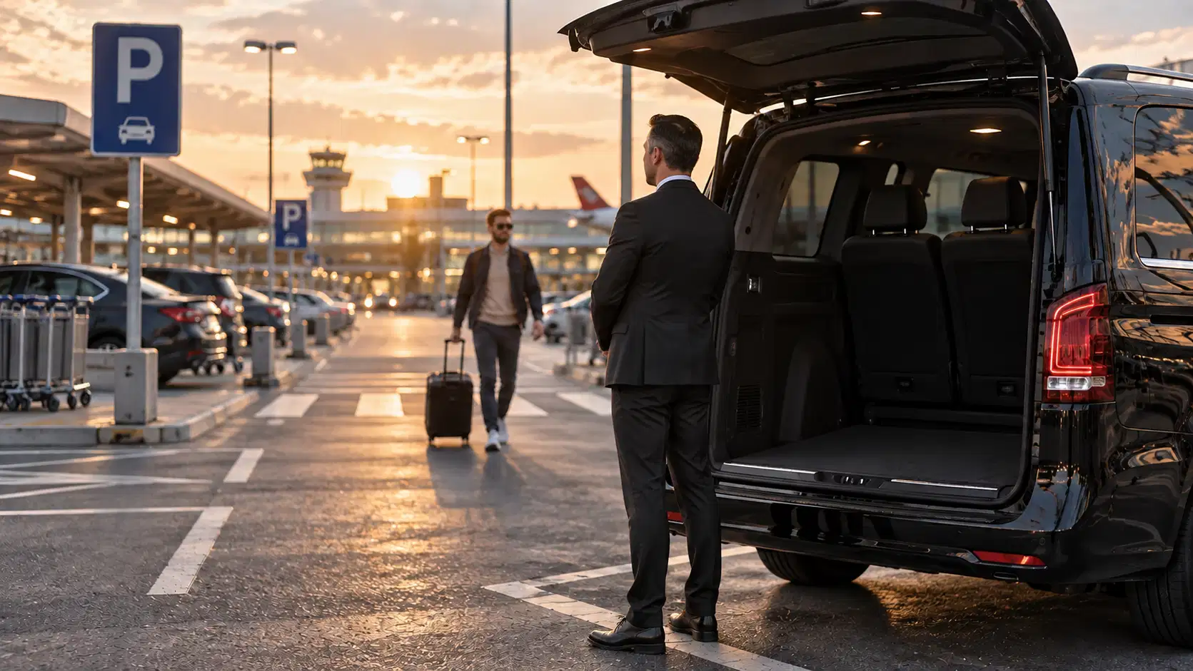 Chauffeur waiting at an open Mercedes V-Class at the airport kerbside