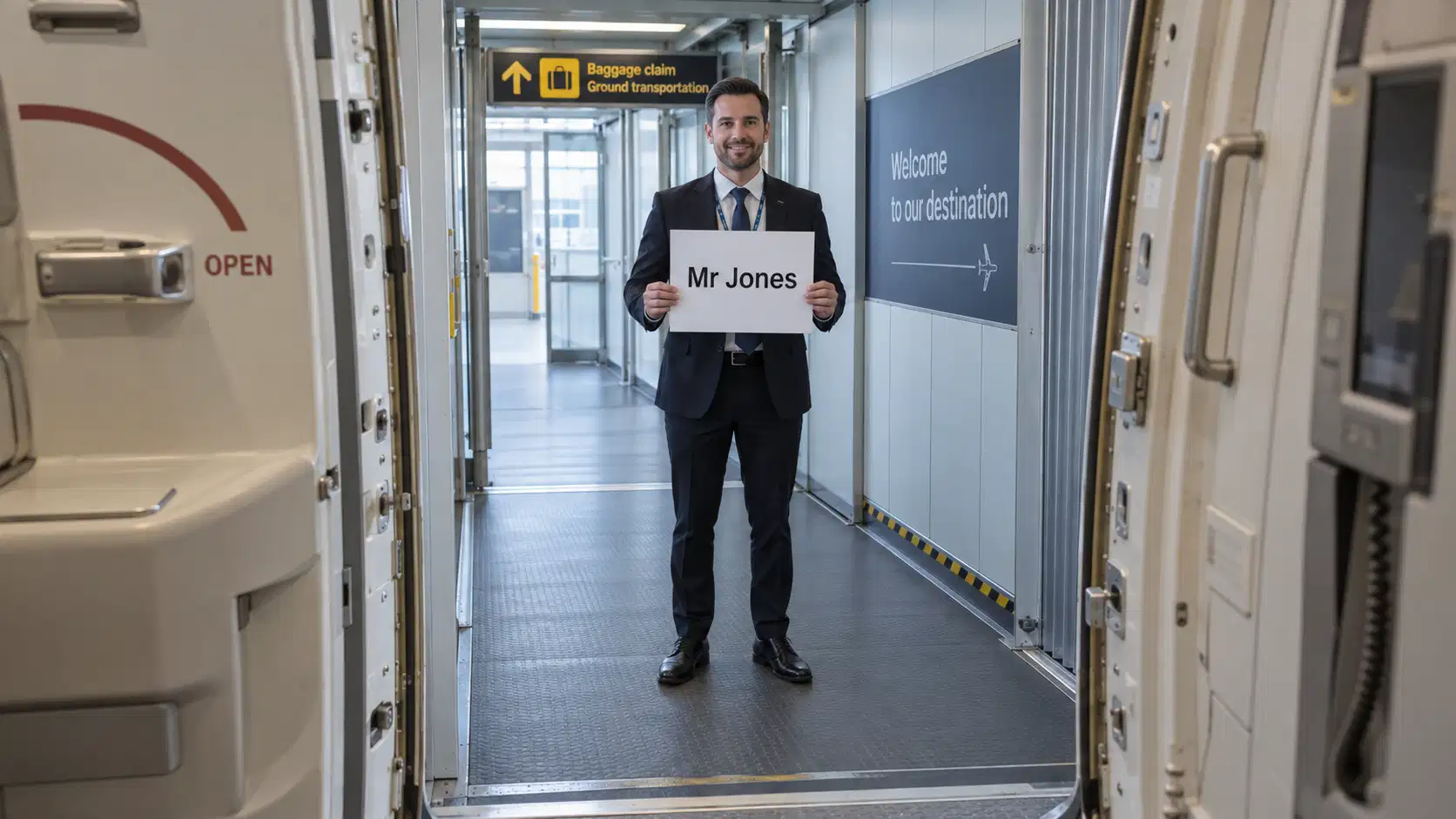 Chauffeur holding a name board at the aircraft door on arrival
