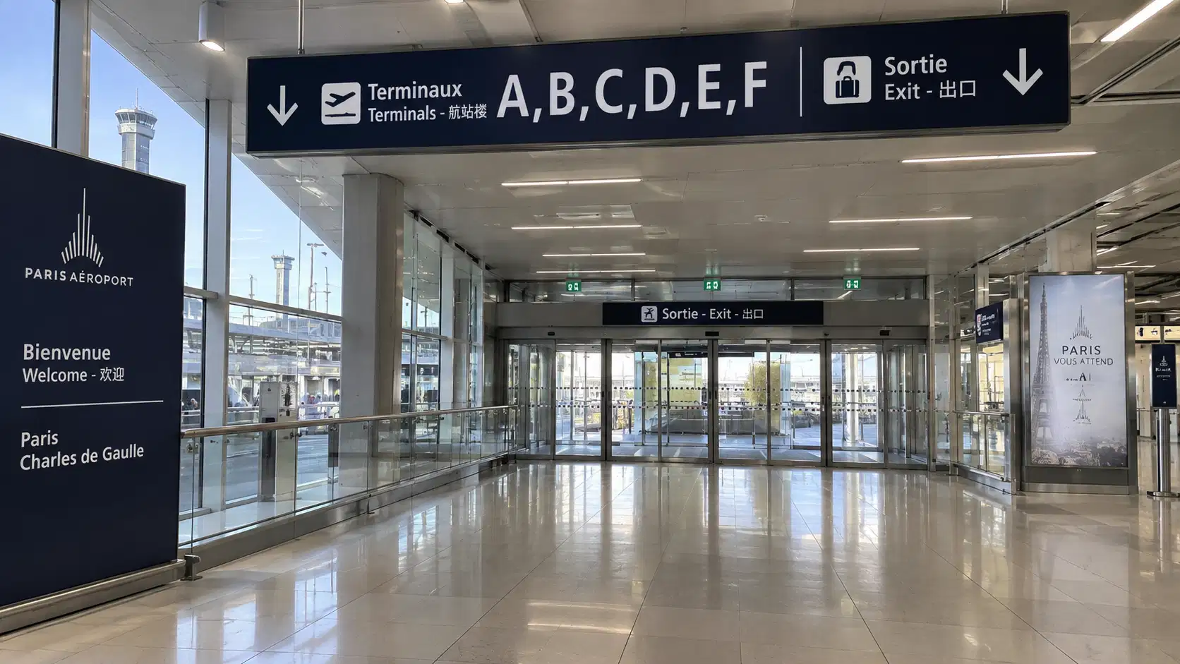The arrivals exit at Paris Charles de Gaulle airport