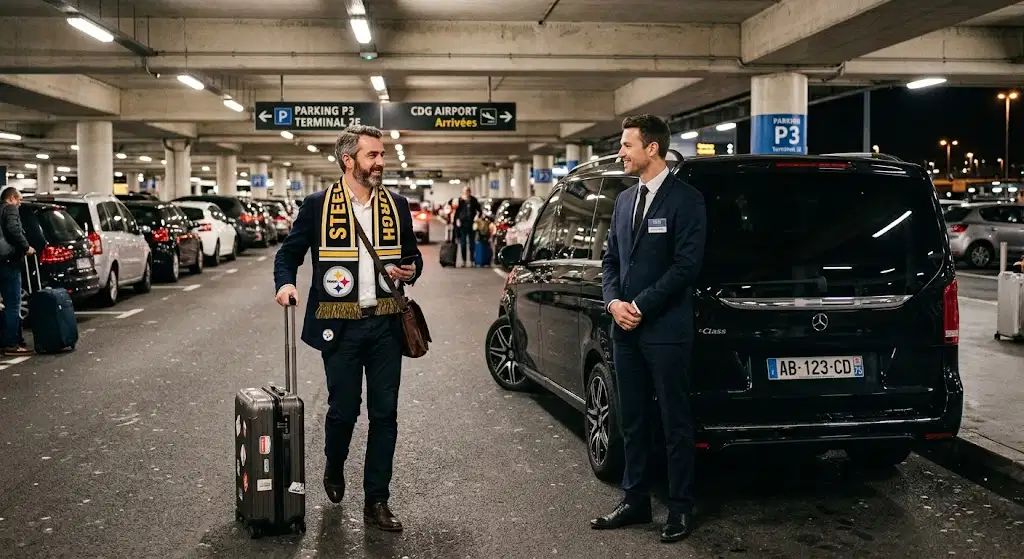 Un voyageur américain accueilli par un chauffeur dans le hall des arrivées de Roissy-Charles de Gaulle