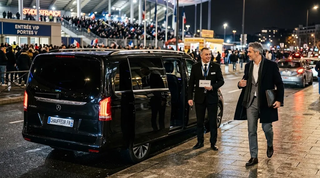 Un chauffeur attend près d’une Mercedes noire aux abords du Stade de France après le match