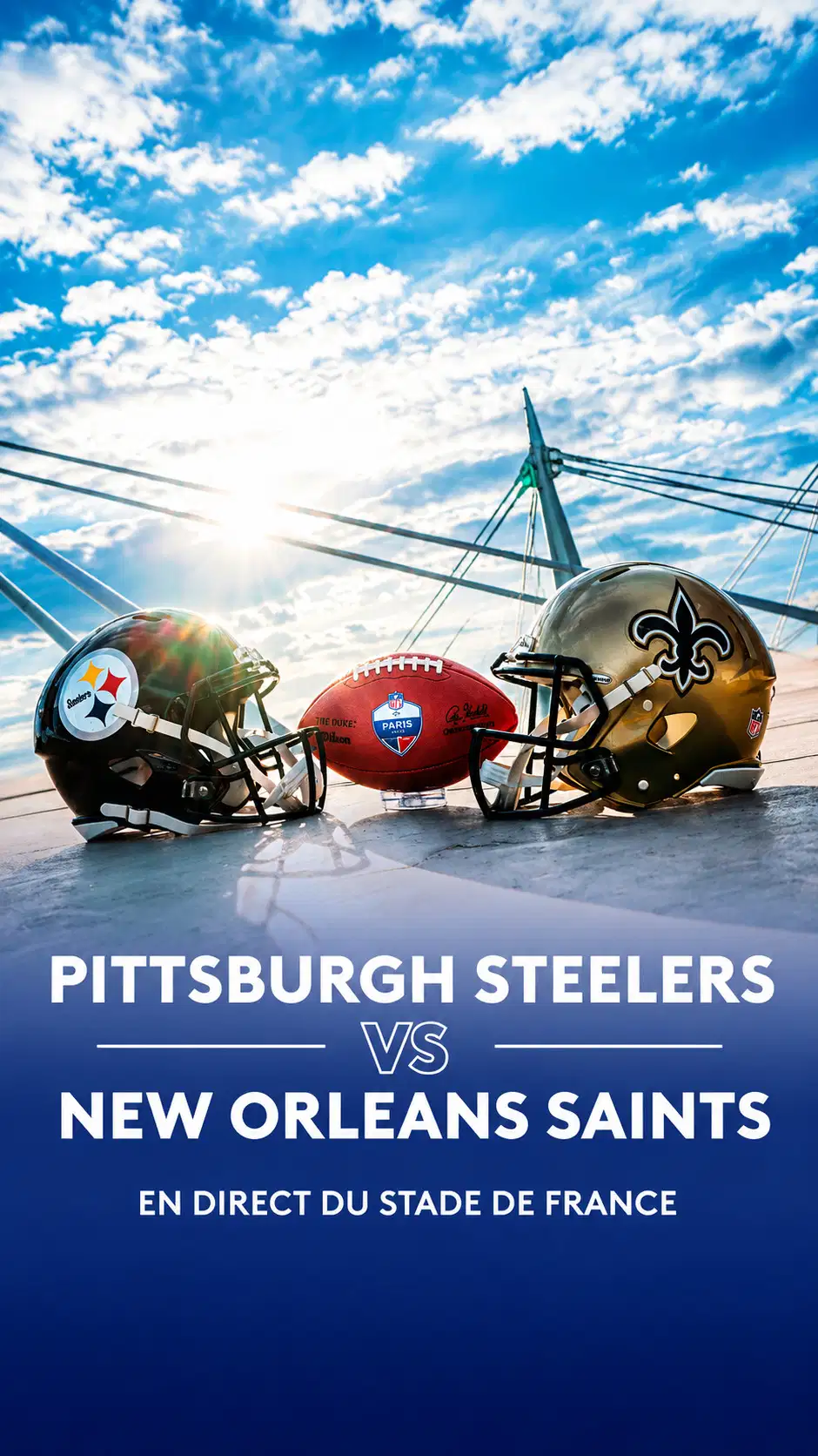 Pittsburgh Steelers and New Orleans Saints helmets either side of an NFL Paris Game ball