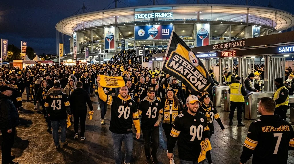 Supporters aux couleurs des Steelers et des Saints en route vers le Stade de France