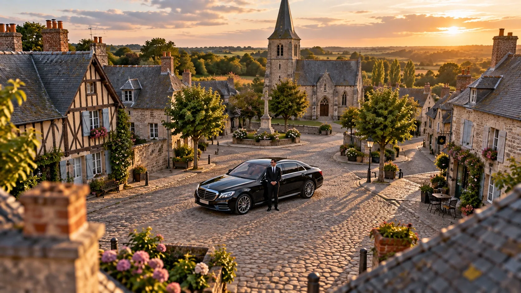 A chauffeur waiting beside a Mercedes in a Normandy village