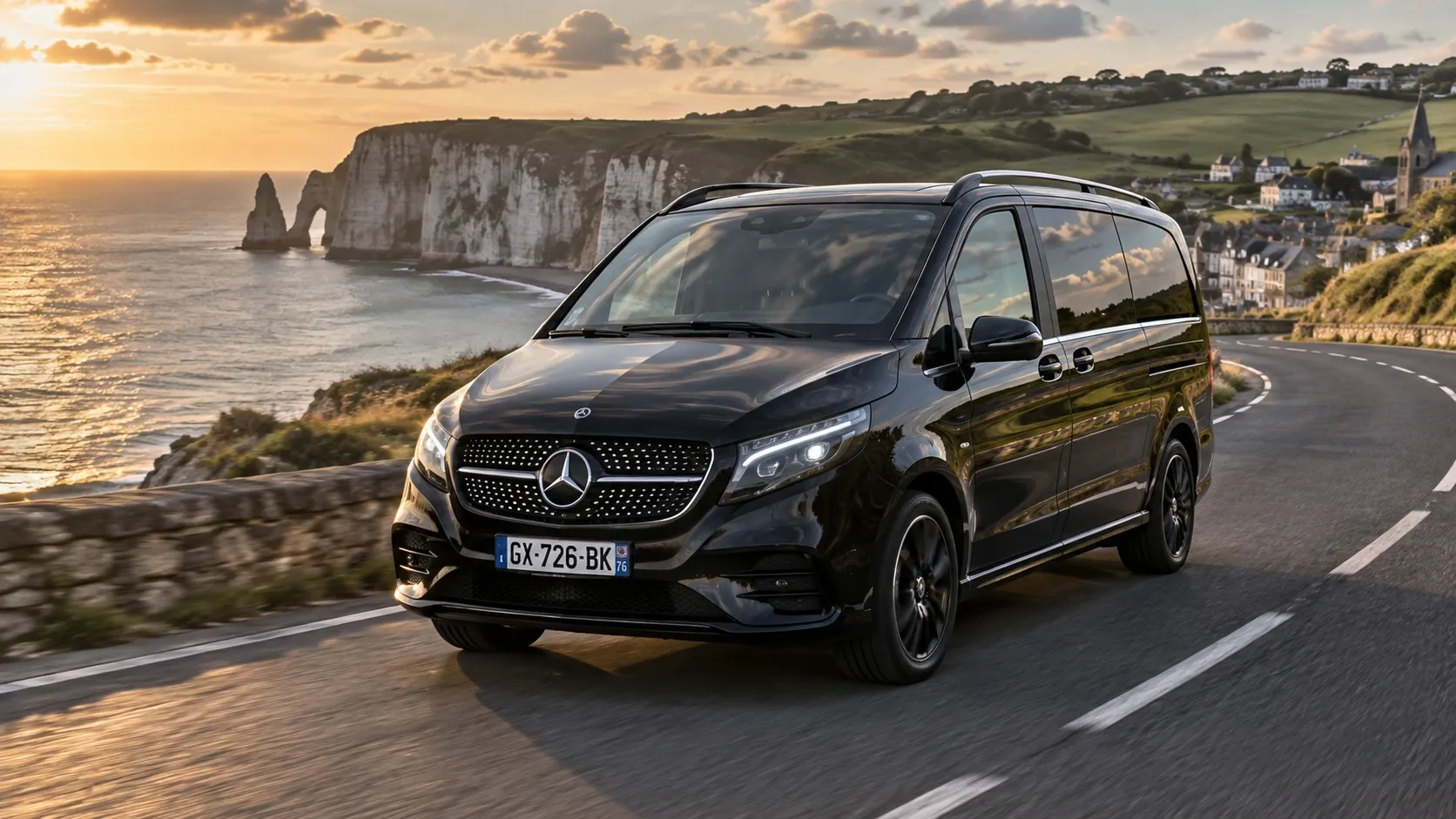 A Mercedes V-Class on the coast road above the cliffs of Étretat