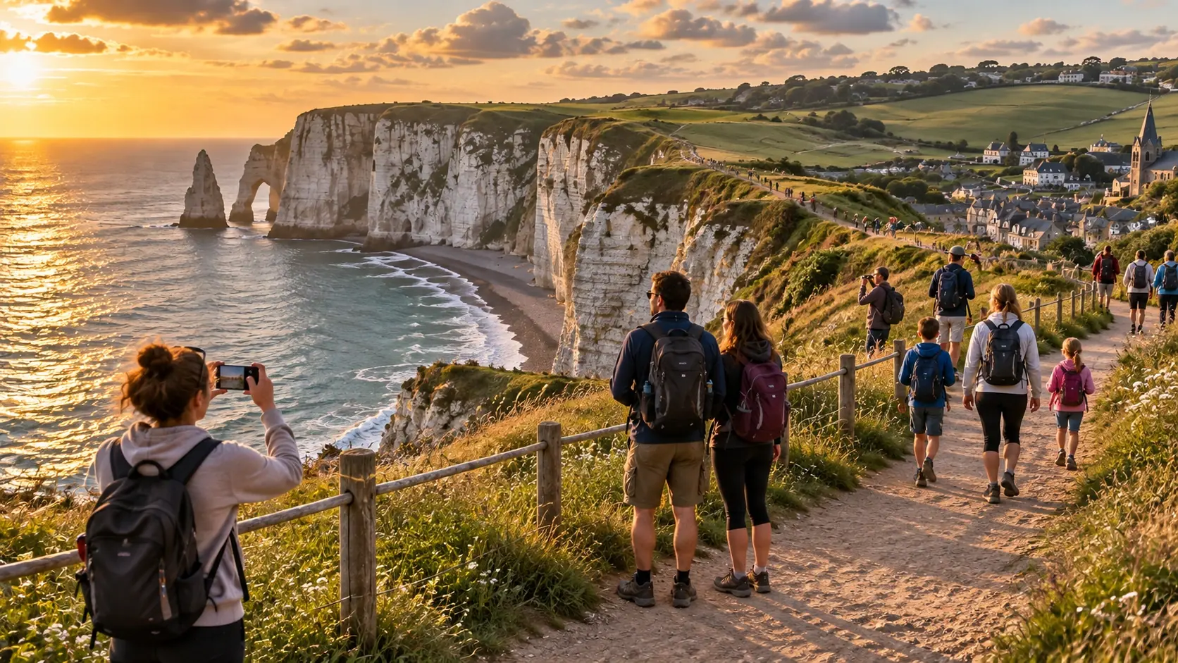 Walkers on the cliff path above Étretat, with the Aiguille below
