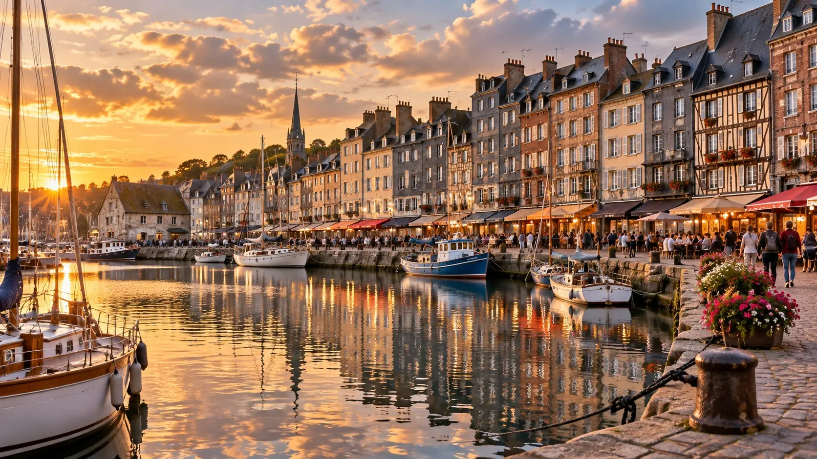 The Vieux Bassin harbour in Honfleur, lined with tall old houses