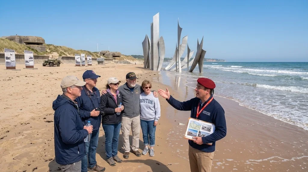 A battlefield guide with visitors beside the Les Braves memorial on Omaha Beach