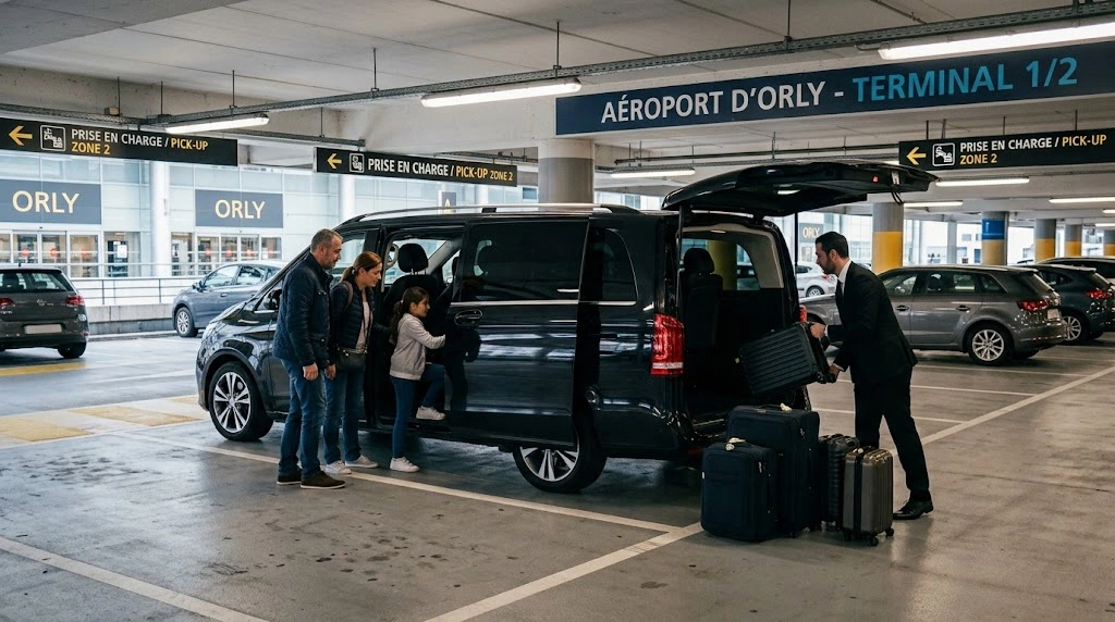 A family with luggage getting into a Mercedes V-Class at the airport