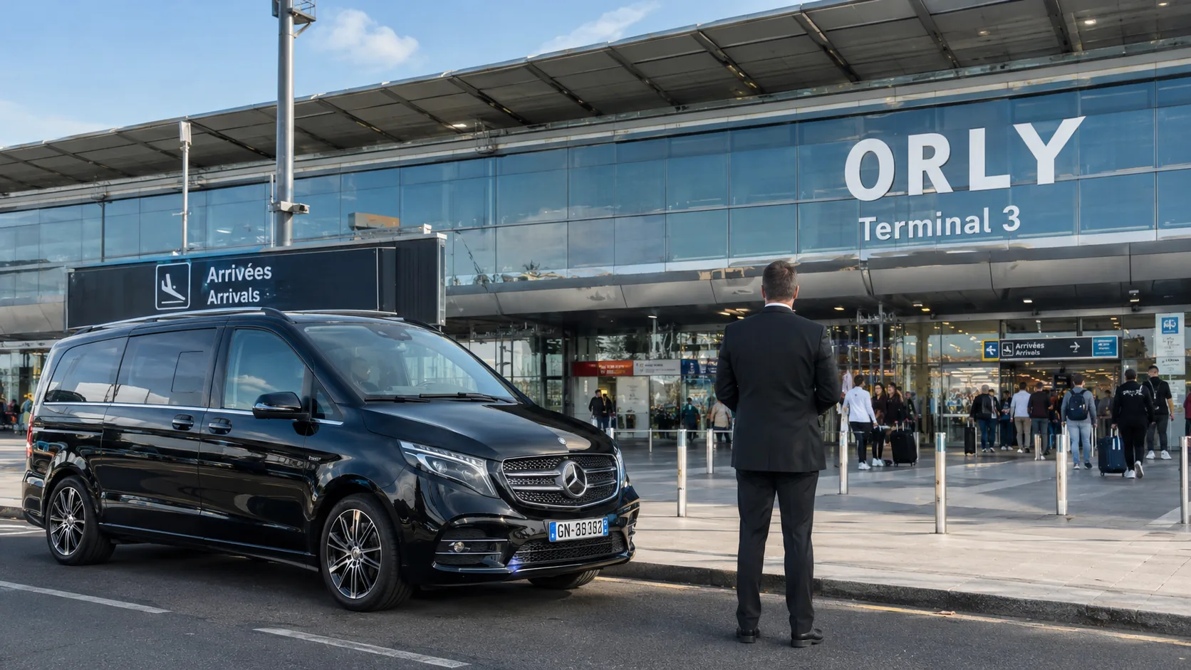 A chauffeur and a black Mercedes V-Class waiting outside a terminal at Paris Orly airport