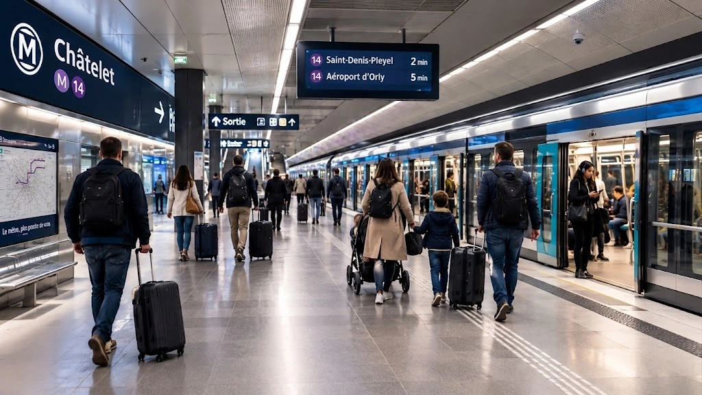 Travellers with suitcases on the platform of a modern automatic metro line