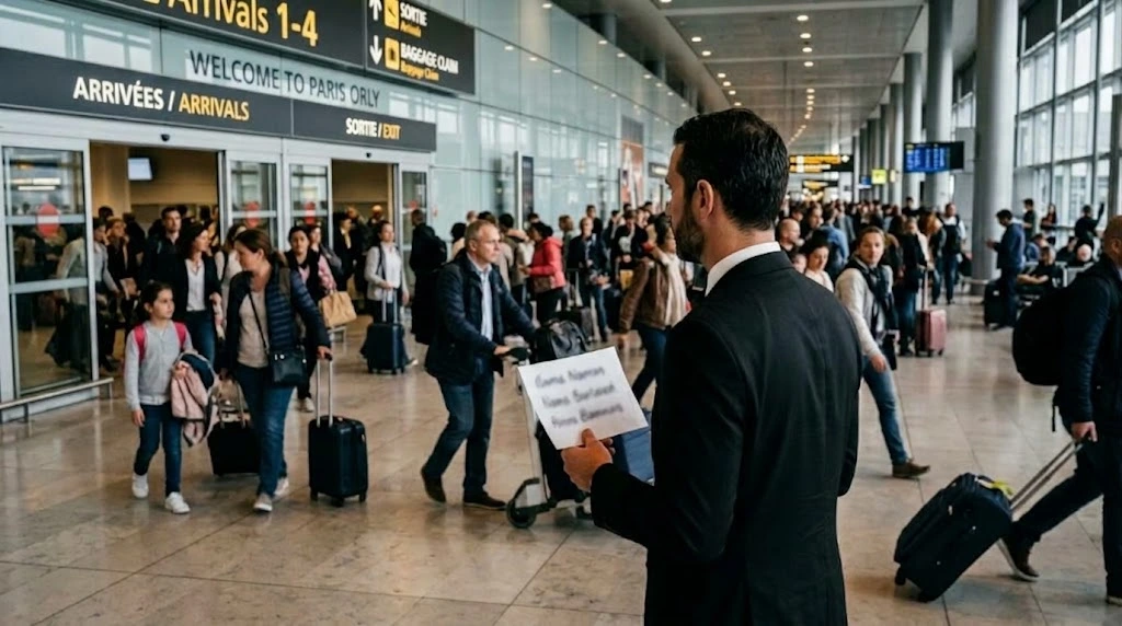 A chauffeur holding a name board in the arrivals hall at Orly