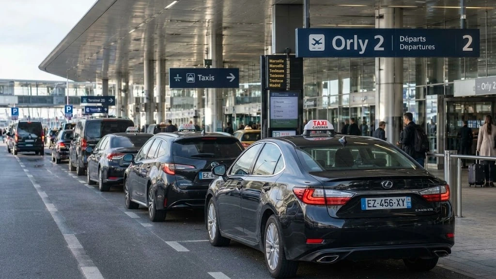 A line of taxis waiting outside an airport terminal