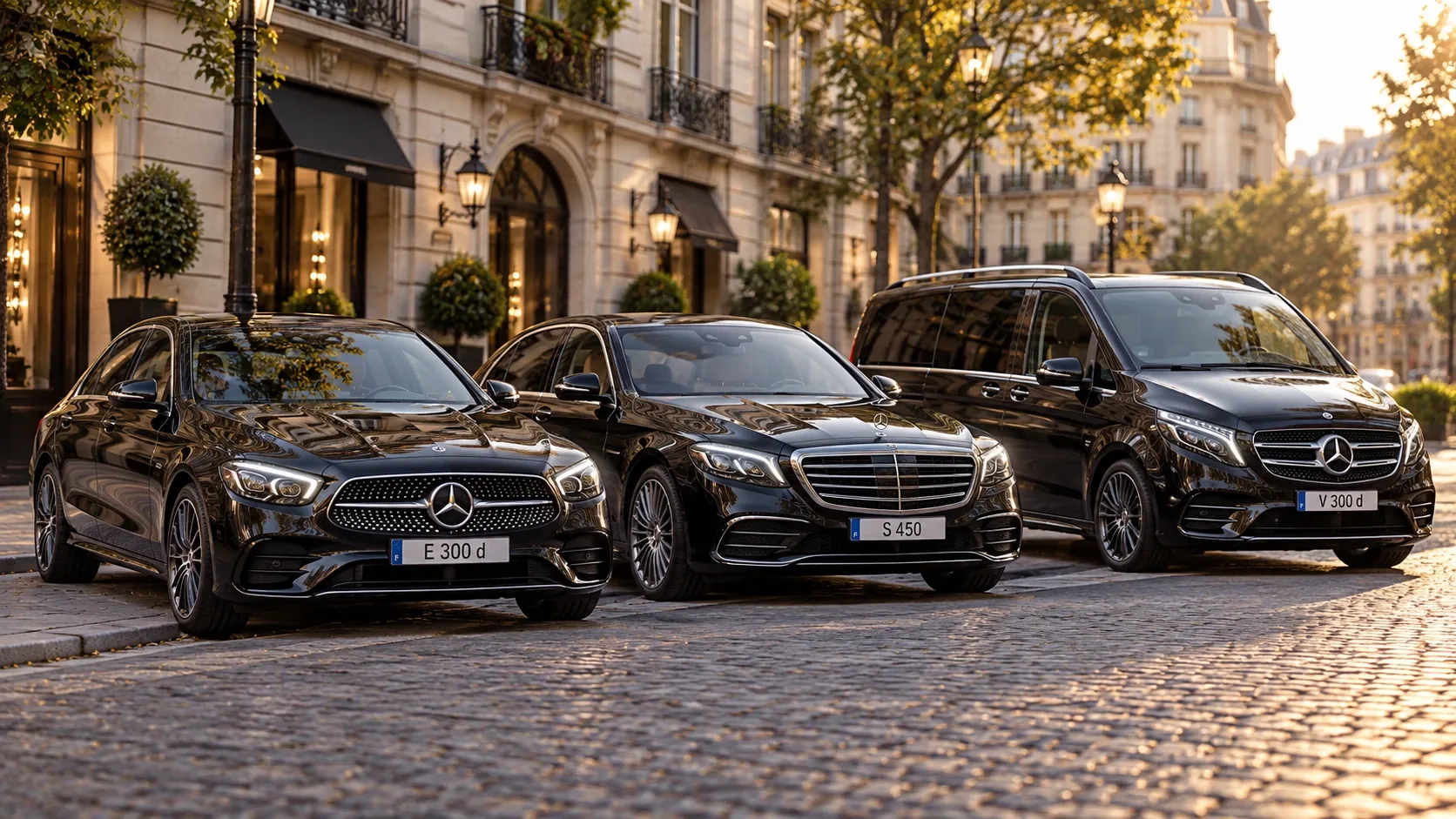 Une Mercedes Classe E, une Classe S et une Classe V garées côte à côte