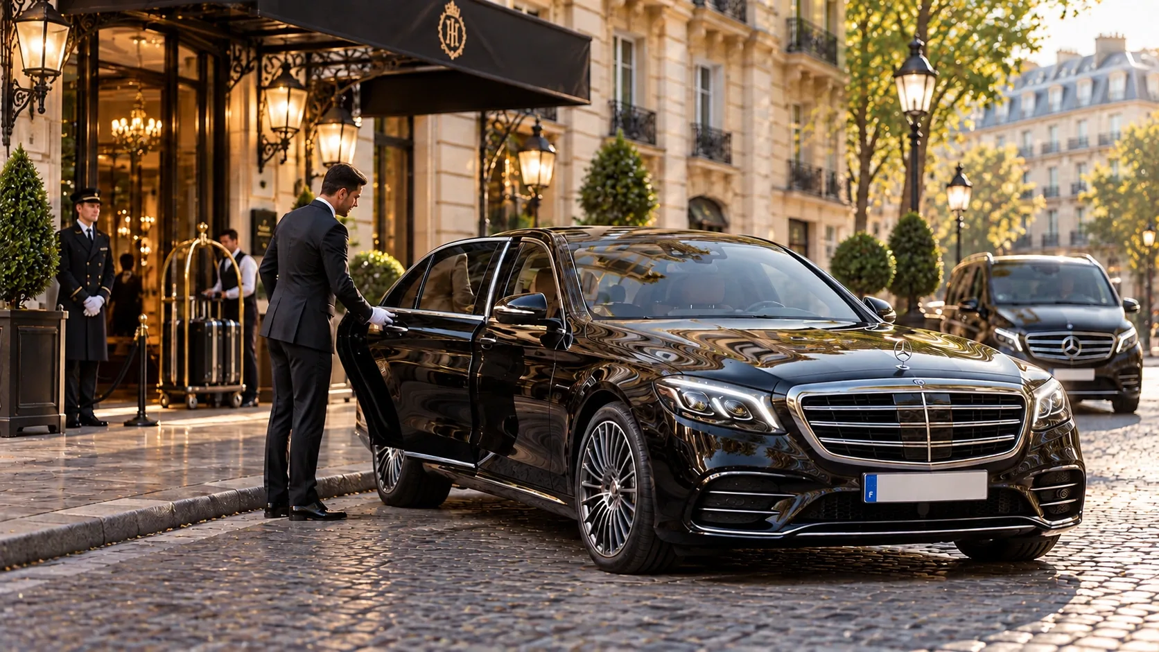 Un chauffeur ouvrant la portière arrière d’une Classe S devant un hôtel parisien