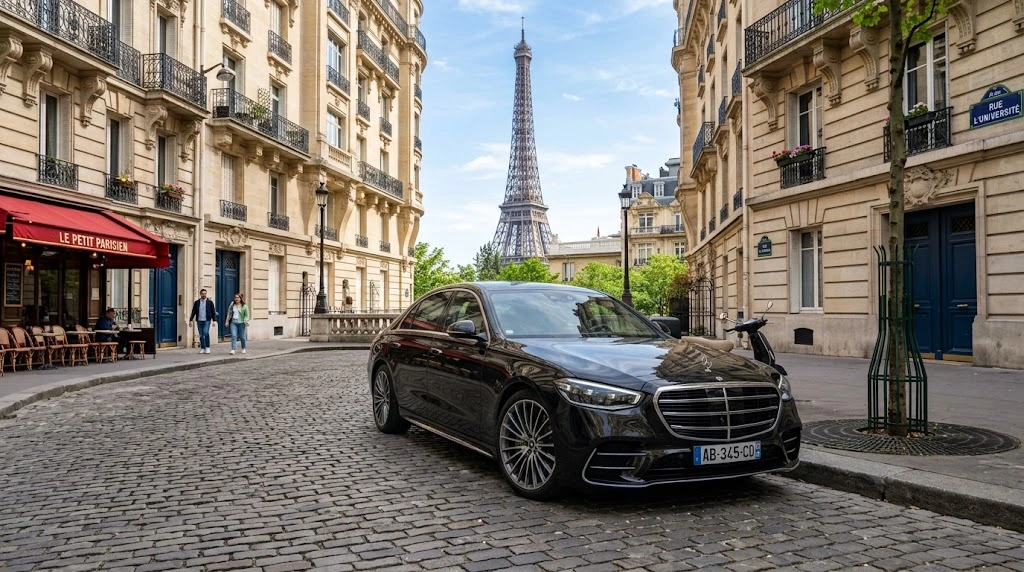Une Mercedes-Benz Classe S noire dans une rue pavée de Paris, la tour Eiffel au fond