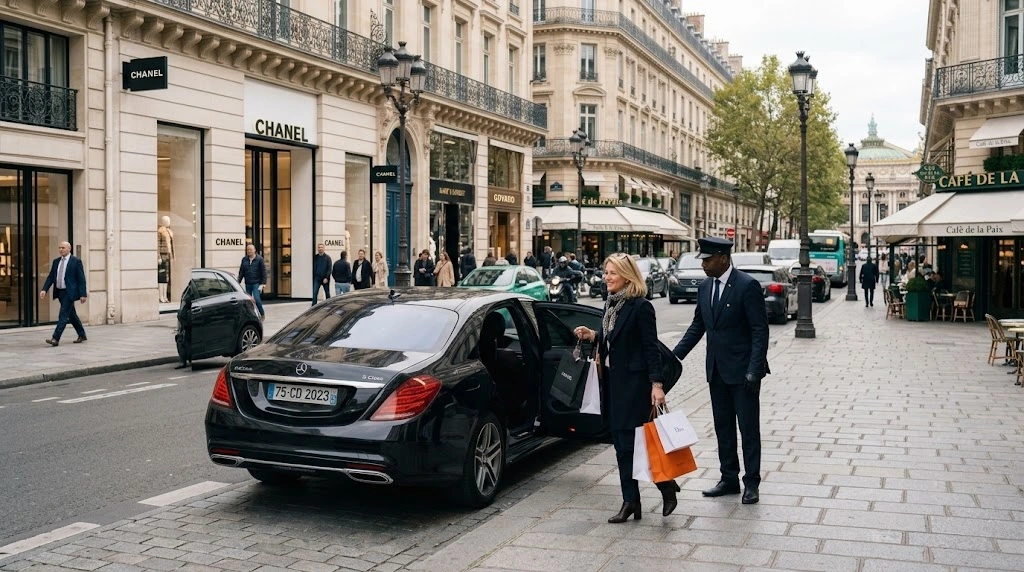A chauffeur opening the car door for a client with shopping bags on Avenue Montaigne