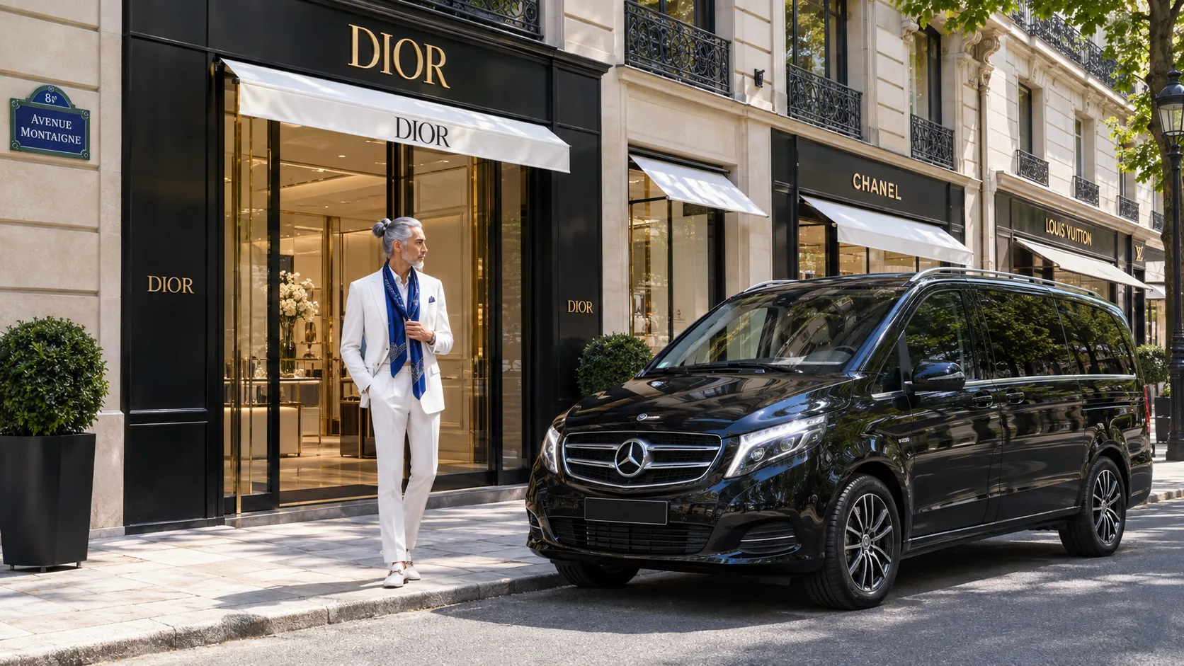 A Mercedes V-Class waiting outside the luxury boutiques of Avenue Montaigne in Paris