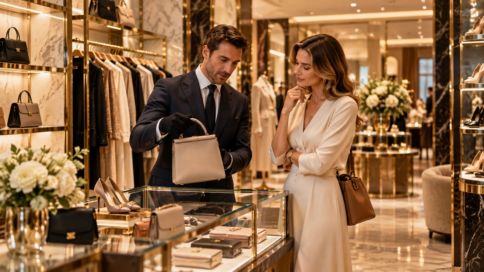 A personal shopper assisting a client in a Paris boutique
