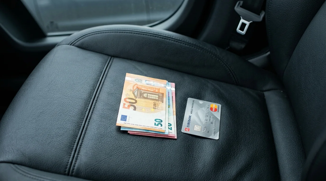 Euro notes and a bank card left on a car seat
