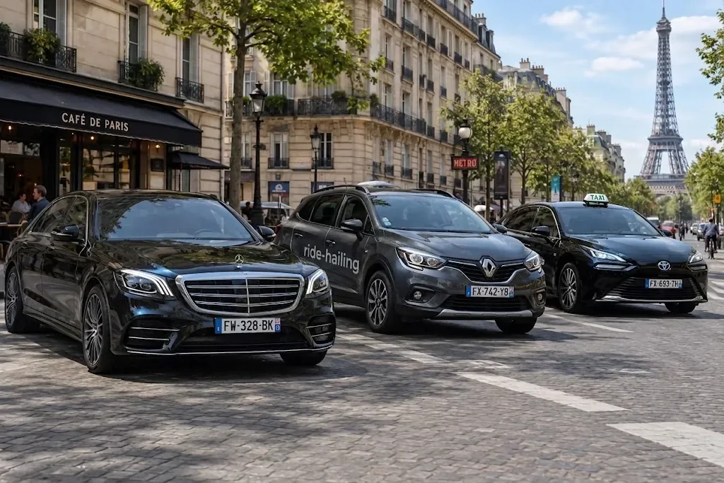 A chauffeur saloon, a private-hire car and a Paris taxi on the same avenue